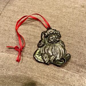 Gorham Silver Plated Santa Claus Checking His List Ornament with Red Ribbon